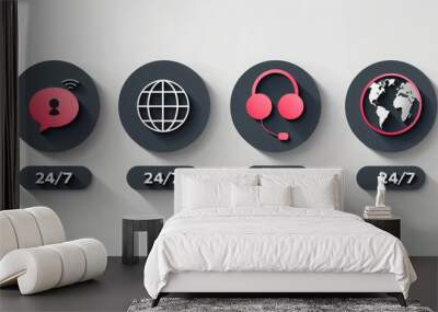 Set of modern communication and technology icons on black buttons Wall mural