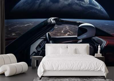 Beyond Earth: An Astronaut Embarks on a Cosmic Drive with the Moon as Spectacular Backdrop Wall mural