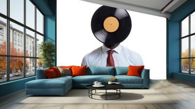 Concept: music lover, music fan. A man in a tie with a record instead of a head. Wall mural