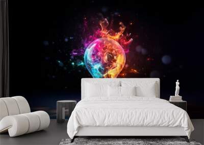 Incandescent lamp with colorful smoke, on a dark background. Creative light bulb exploding with colorful paint. Concept: new generation lighting, energy saving. Wall mural