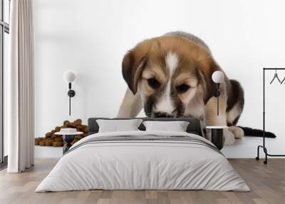 Pedigree puppy eats food from a bowl. Small Dog sniffs food, isolated on white background. Wall mural