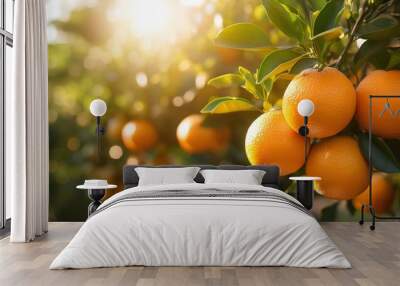 Ripe, juicy fruits in orange orchard, close-up, harvest. Ripe oranges on tree with sunny blurred background. Wall mural