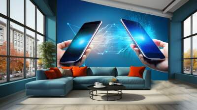 Two phones, transferring information via Wi-Fi or Bluetooth. Transferring data from one smartphone to another. Wall mural