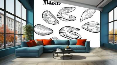 mussels food, hand drawn vector illustration and lettering isolated on white background. Concept for logo, menu, cards print  Wall mural