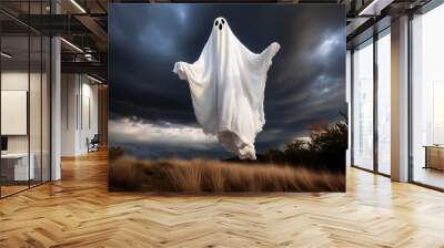 A ghost in a white sheet hovers in the air  Wall mural