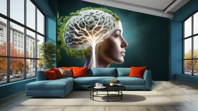 The brain in the form of luminous streams intertwined with natural elements symbolizes the connection between mental and physical health Wall mural