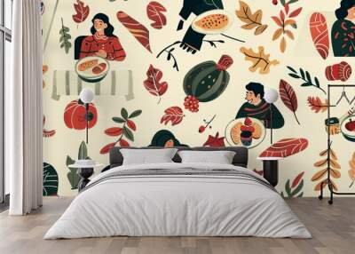 A colorful autumnal pattern featuring a variety of people enjoying meals. Wall mural