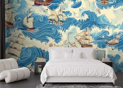 Seafaring ships sail through stylized waves in an illustrative pattern. Wall mural