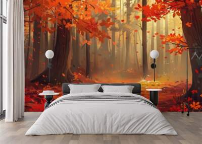 utumn forest with vibrant foliage orange and red leaves Wall mural