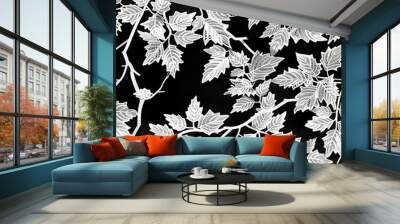 White lace leaves on a black background create a delicate and intricate pattern. Wall mural