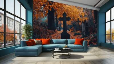 All Saints' Day for Western Christians. the Christian cross. a burning candle about memory. graves in the cemetery Wall mural