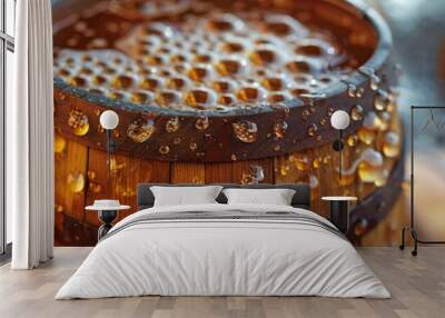 Close-up of a wooden beer mug filled with amber beer and condensation at Oktoberfest. Wall mural