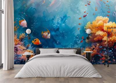 Watercolor abstract vibrant coral reef with fish. Wall mural