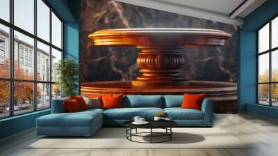 Wooden pedestal with a rich, dark finish, illuminated by warm, focused lighting. Wall mural