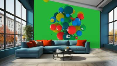 3D rendering of dozens of balls of different colors with symbols of vitamins. The idea of vitamin explosion, healthy eating and lifestyle. 3D illustration isolated on a green background. Wall mural