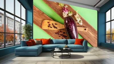 an aubergine, wooden cooking spatula, lettuce and haricot beans on two wood boards on green background Wall mural