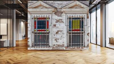 Colored windows in a very old abandoned wooden white house. Stained glass with lattice. Two windows Wall mural