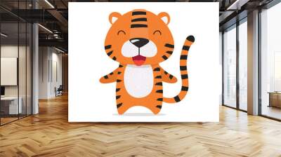 Cute red striped little tiger smiles and hugs. The tiger cub is happy. Flat hand drawn illustration kid's poster. Lazy cartoon animal character set. Child theme. Wall mural