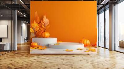 3D rendering with a white round podium, two orange pumpkins and floating autumn leaves on an orange background. Wall mural