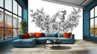 Detailed black and white illustration of a parrot adorned with a necklace, surrounded by blooming roses, on a white background. Wall mural