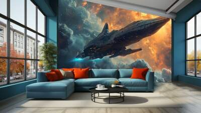 digital art spaceship flying in interstellar space Wall mural