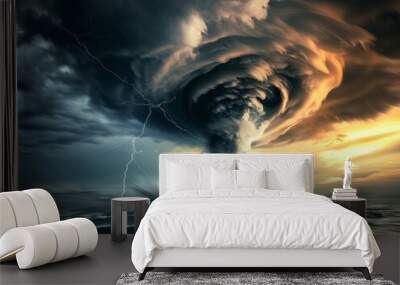 Dramatic image of a powerful storm forming over a turbulent ocean with lightning and dark clouds. Concept of natural disasters and weather extremes Wall mural