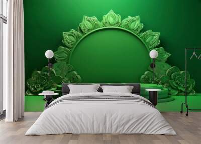 podium stage 3d render of green stage with round floral decorative frame texture with patterns indian style Wall mural