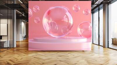 Transparent spheres floating above a pink platform, set against a pastel pink background. Wall mural