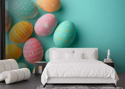 Colorful easter eggs on turquoise background Wall mural