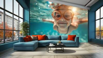 Happy kid swimming underwater of a swimming pool Wall mural