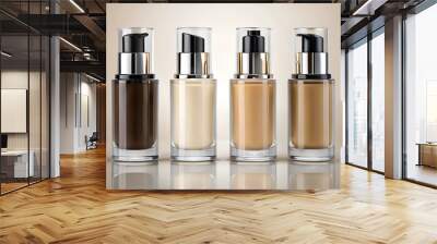 A realistic glass bottle of makeup foundation with a pump, blank cosmetic packaging templates with options for black, silver, or gold caps, illustrated in a vector style on a white background Wall mural