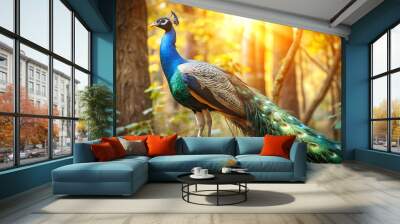 Beautiful blue and green wild peacock or peafowl animal portrait photography in forest woods nature outdoors, majestic exotic bird pride, feather tail Wall mural