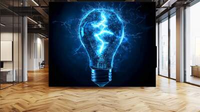 Blue light bulb and lighting strike, bright static electricity energy and power. Danger spark shock, glowing thunder bolt flash, illuminated, innovation, technology Wall mural