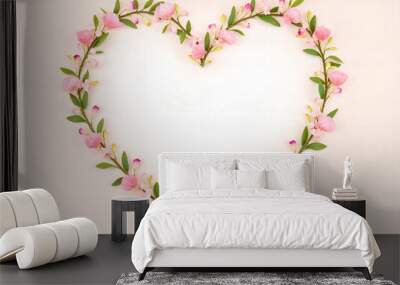 Creative Spring frame in heart shape made of fresh pastel flowers and leaves. Copy space. Soft pastel background, flat lay. Floral love decoration. Illustration, Generative AI Wall mural