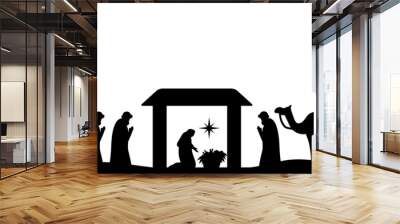 Holy night of birth of child jesus christ silhouette scene from religion christianity nativity scene. Biblical Religious History of Catholics. Cut for scrapbooking and print. Vector illustration. Wall mural