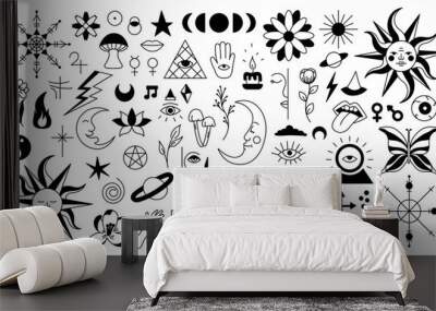 Magic background in retro style with hand drawn elements. Decorative mystical vector isolated pattern. editable stroke stickers. Esoteric element in minimalism. Collection of occult symbols tattoo art Wall mural