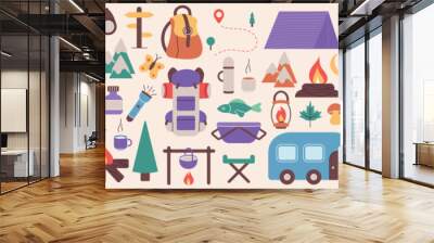 Set with things for traveling to the mountains. Fishing and outdoor summer camping. Hiking with backpacks. Summer vacation in the forest. Colorful vector illustration Wall mural