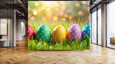 Five vibrant, polka dot-painted Easter eggs arranged in a row on fresh green grass, with a festive, bokeh-lit background.
 Wall mural