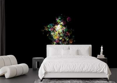 abstract colorful explosion of fireworks on a black background, shiny and glowing particles and stars, blending mode Wall mural