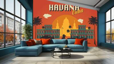 Havana Cuba skyline silhouette city retro style illustration. Wall mural