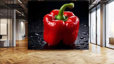 ripe fresh red sweet pepper in drops and splashes of water on a dark background Wall mural