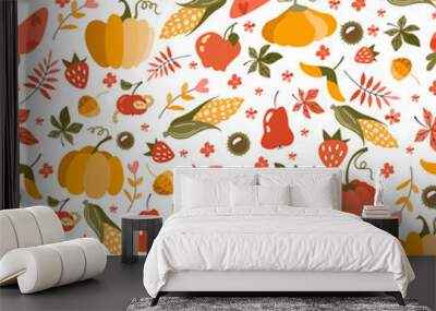 Harvest patern vector flat. Seamless pattern of colorful pumpkins, fruits, vegetables. Thanksgiving and Halloween Elements Wall mural