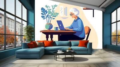 cute elderly woman working on a laptop. flat illustration on the theme of new technologies and the elderly Wall mural