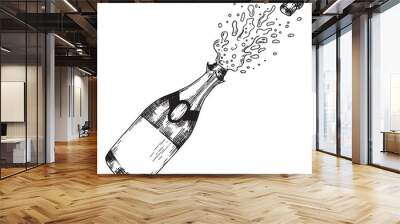 festive bottle of champagne with splashes. vector illustration in sketch style. celebration, new year, wedding Wall mural