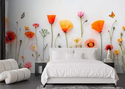 Horizontal seamless border with poppy flowers isolated on white background Wall mural