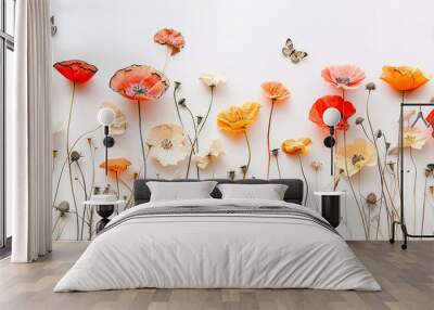 Horizontal seamless border with poppy flowers isolated on white background Wall mural