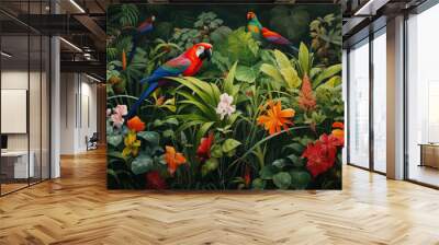 pattern with tropical plants and birds. parrots, palm leaves and tropical flowers. Wall mural