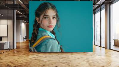 Portrait of a girl looking over her shoulder on a blue background. Schoolgirl with hair braided into pigtails Wall mural