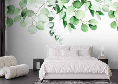 seamless border, frame of eucalyptus leaves and branches. watercolor drawing green leaves of eucalyptus on white background. print for wedding, invitations, congratulations. web banner Wall mural