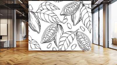 seamless pattern of cocoa beans, fruits and leaves. illustration with lines, sketch Wall mural